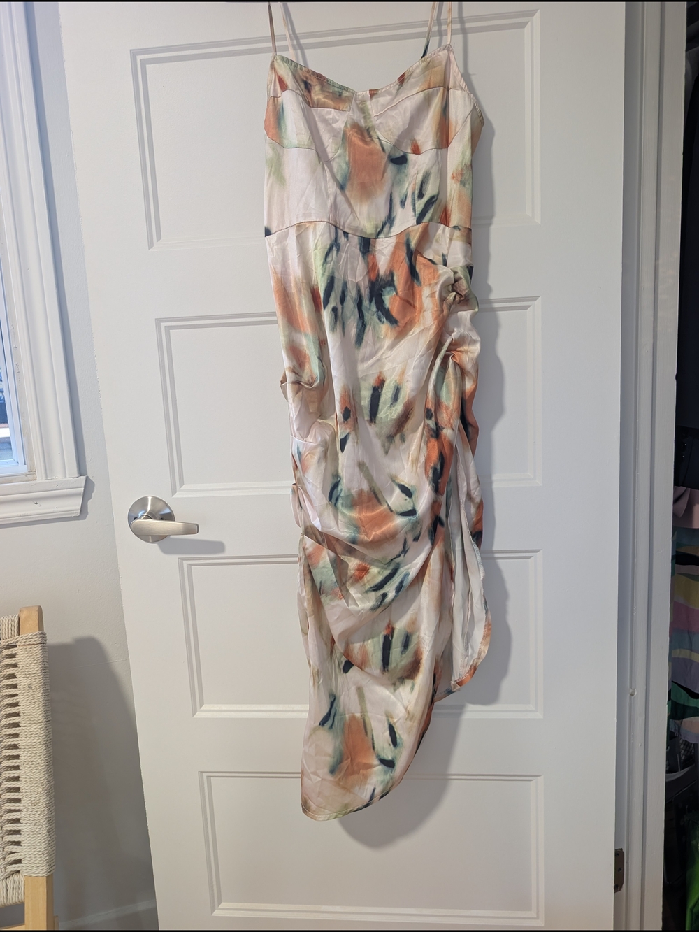 Spaghetti Strap Watercolor Print Midi Dress - Cream & Rust